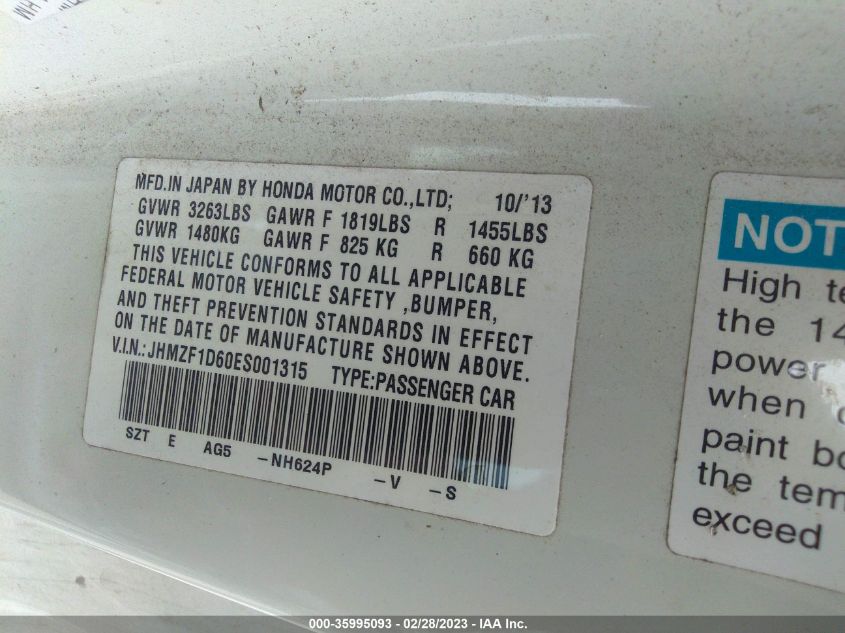 2014 HONDA CR-Z EX JHMZF1D60ES001315