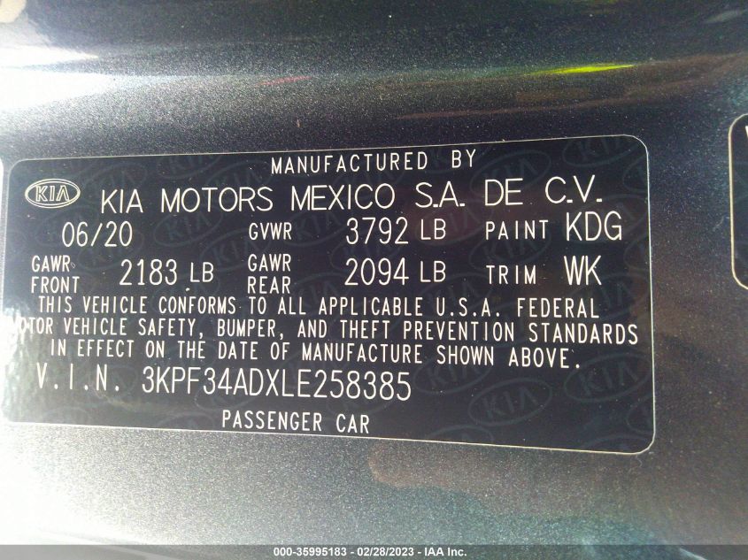 2020 KIA FORTE GT-LINE - 3KPF34ADXLE258385