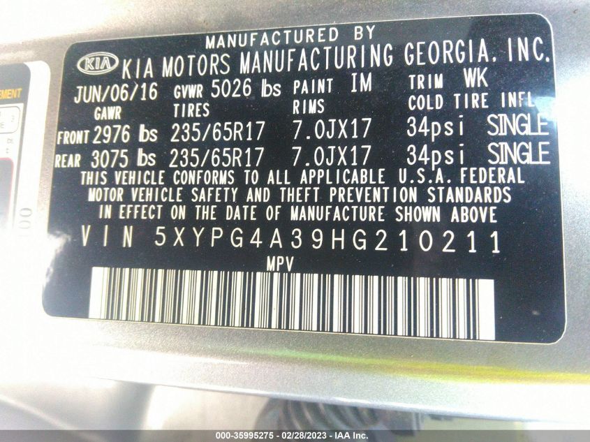 2017 KIA SORENTO L - 5XYPG4A39HG210211