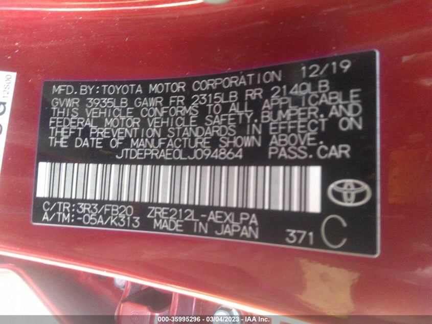 VIN JTDEPRAE0LJ094864 2020 TOYOTA COROLLA LE