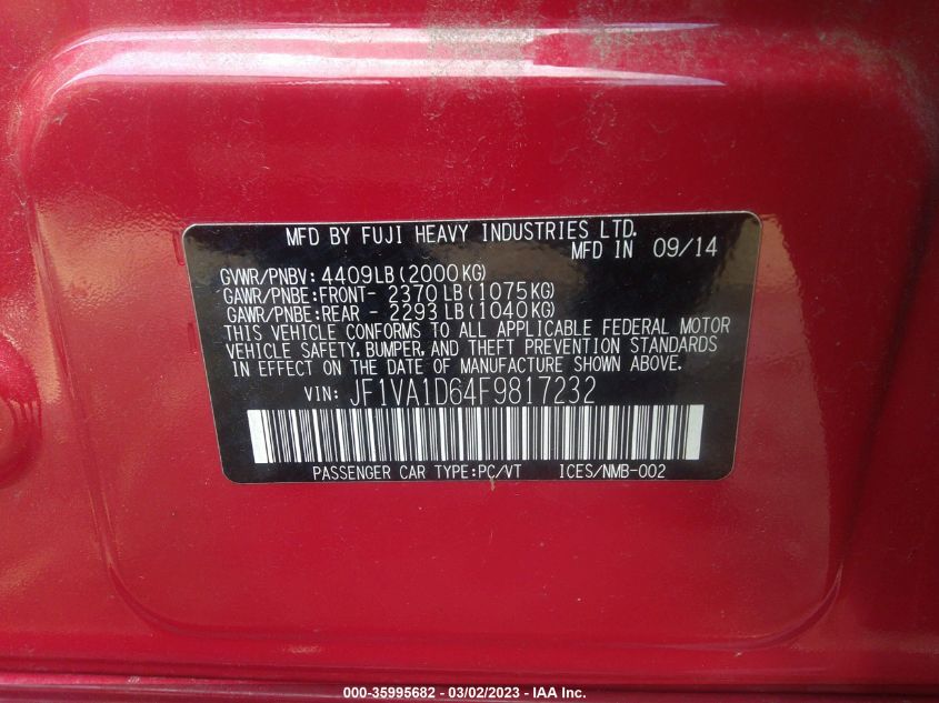 2015 SUBARU WRX PREMIUM - JF1VA1D64F9817232