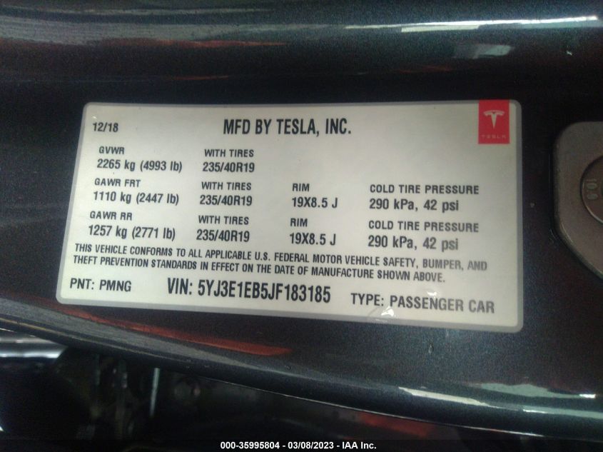 2018 TESLA MODEL 3 LONG RANGE - 5YJ3E1EB5JF183185