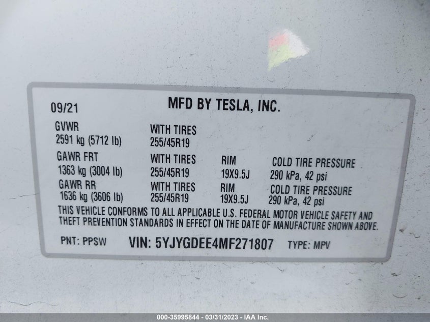 VIN 5YJYGDEE4MF271807 2021 TESLA MODEL Y LONG RANGE