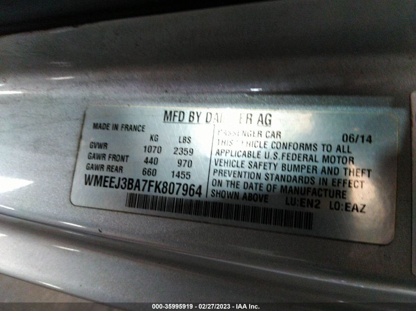 2015 SMART FORTWO PASSION/PURE WMEEJ3BA7FK807964
