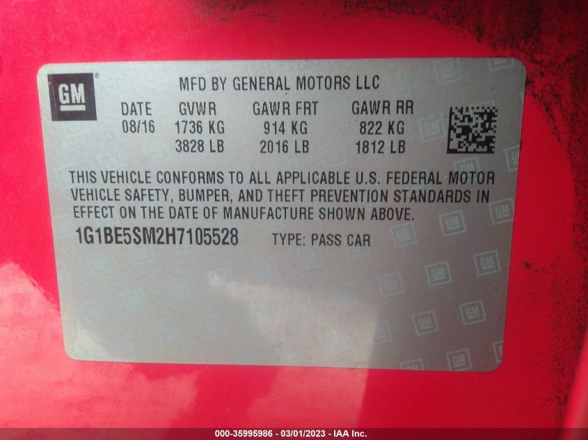 2017 CHEVROLET CRUZE LT - 1G1BE5SM2H7105528