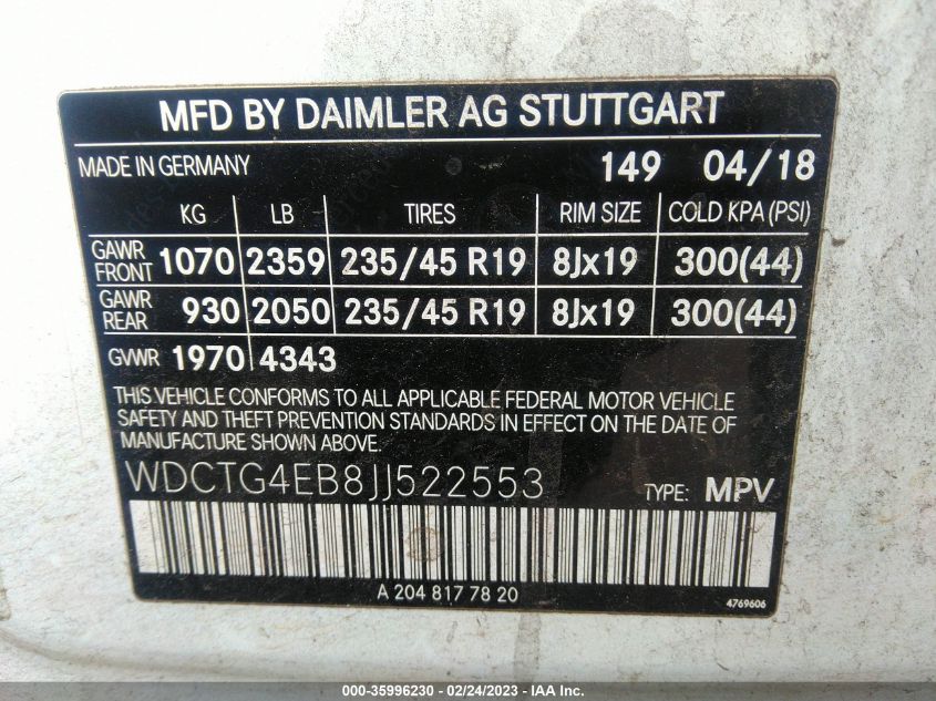 2018 MERCEDES-BENZ GLA - WDCTG4EB8JJ522553