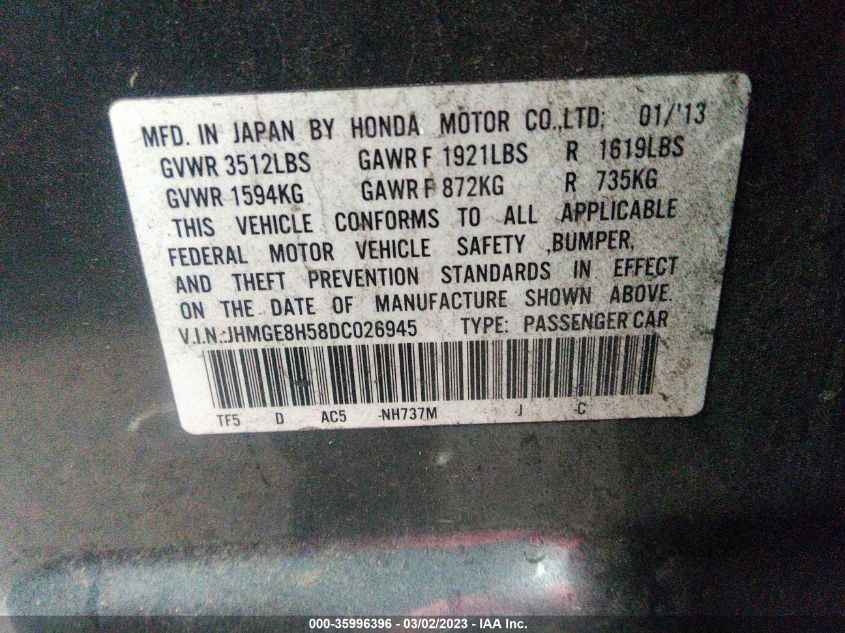 2013 HONDA FIT SPORT - JHMGE8H58DC026945
