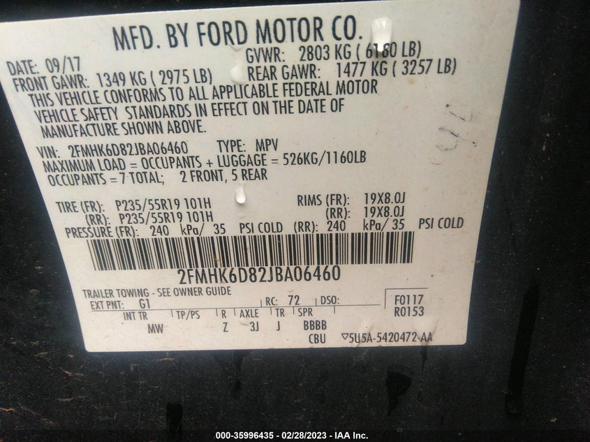 VIN 2FMHK6D82JBA06460 2018 FORD FLEX LIMITED