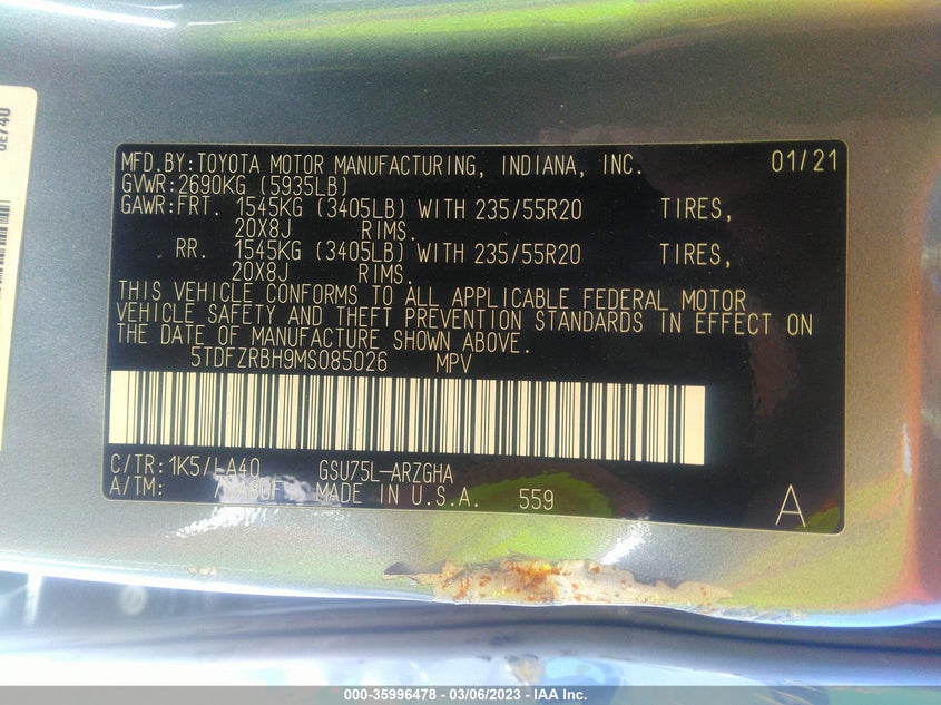 VIN 5TDFZRBH9MS085026 2021 TOYOTA HIGHLANDER PLATINUM