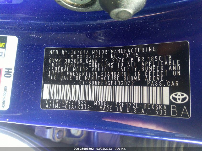 2016 TOYOTA COROLLA L/LE/S/S PLUS/LE PLUS - 5YFBURHE9GP403072