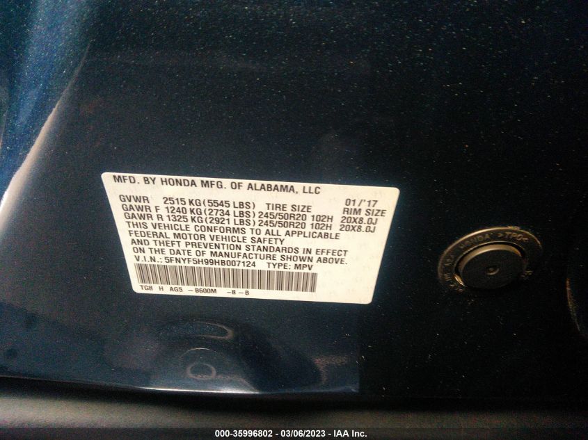 2017 HONDA PILOT TOURING - 5FNYF5H99HB007124