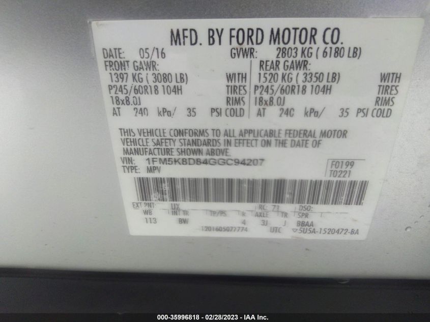 2016 FORD EXPLORER XLT - 1FM5K8D84GGC94207