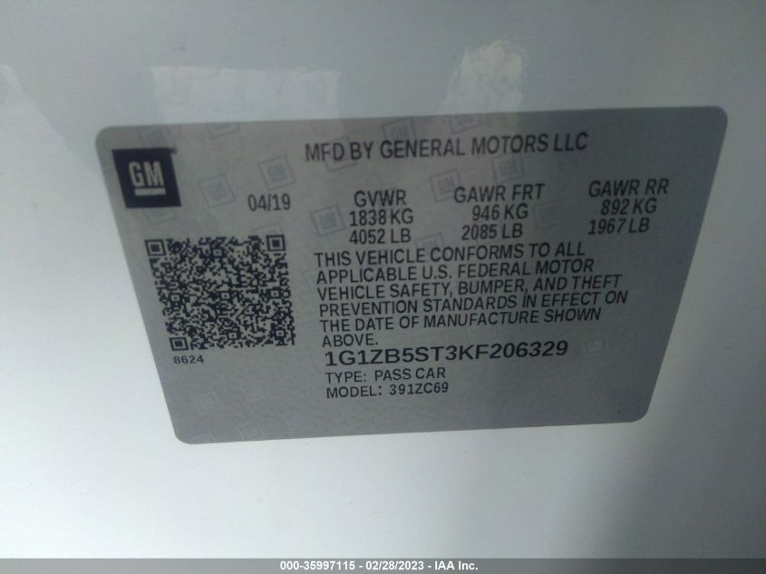 2019 CHEVROLET MALIBU LS - 1G1ZB5ST3KF206329