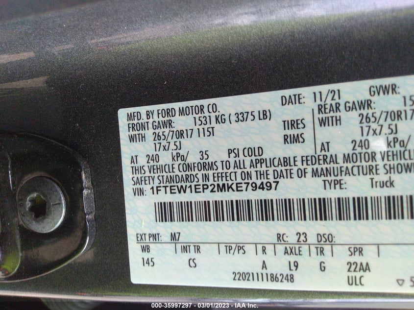 VIN 1FTEW1EP2MKE79497 2021 FORD F-150 XL/XLT/LARIAT