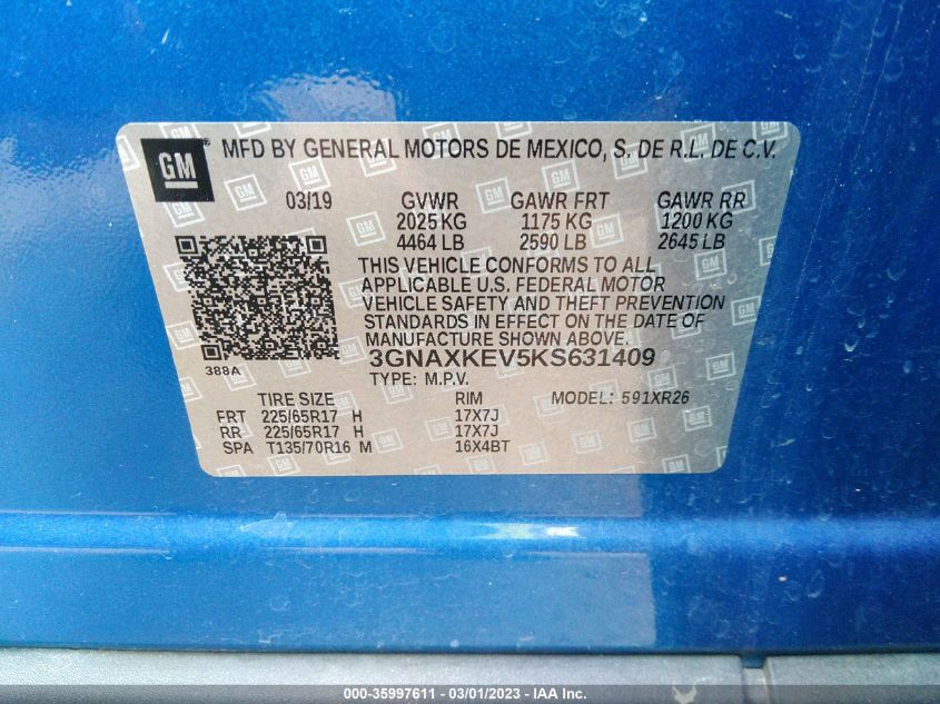 2019 CHEVROLET EQUINOX LT - 3GNAXKEV5KS631409