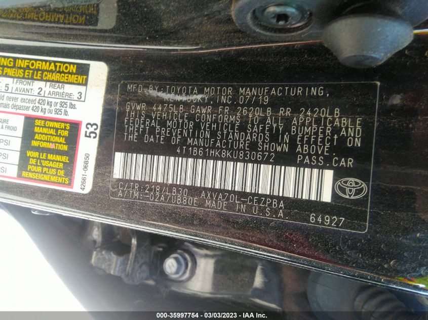 2019 TOYOTA CAMRY XSE - 4T1B61HK8KU830672