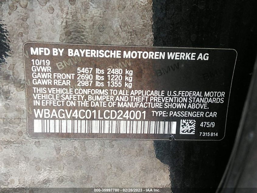 2020 BMW 8 SERIES 840I WBAGV4C01LCD24001