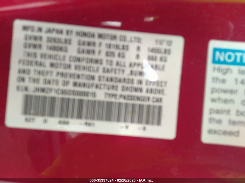 2013 HONDA CR-Z EX JHMZF1C65DS000015