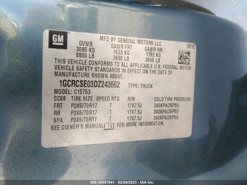 2013 CHEVROLET SILVERADO 1500 LT - 1GCRCSE03DZ243662