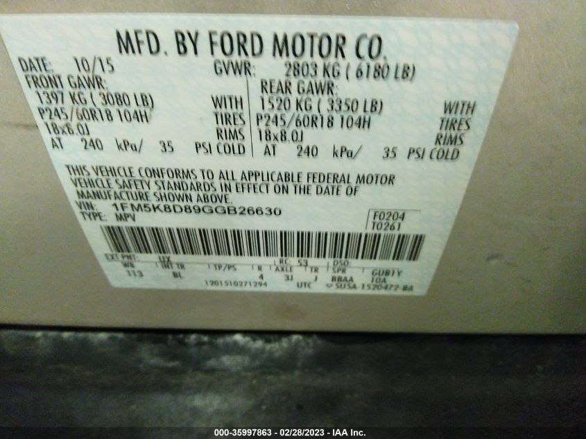 2016 FORD EXPLORER XLT - 1FM5K8D89GGB26630