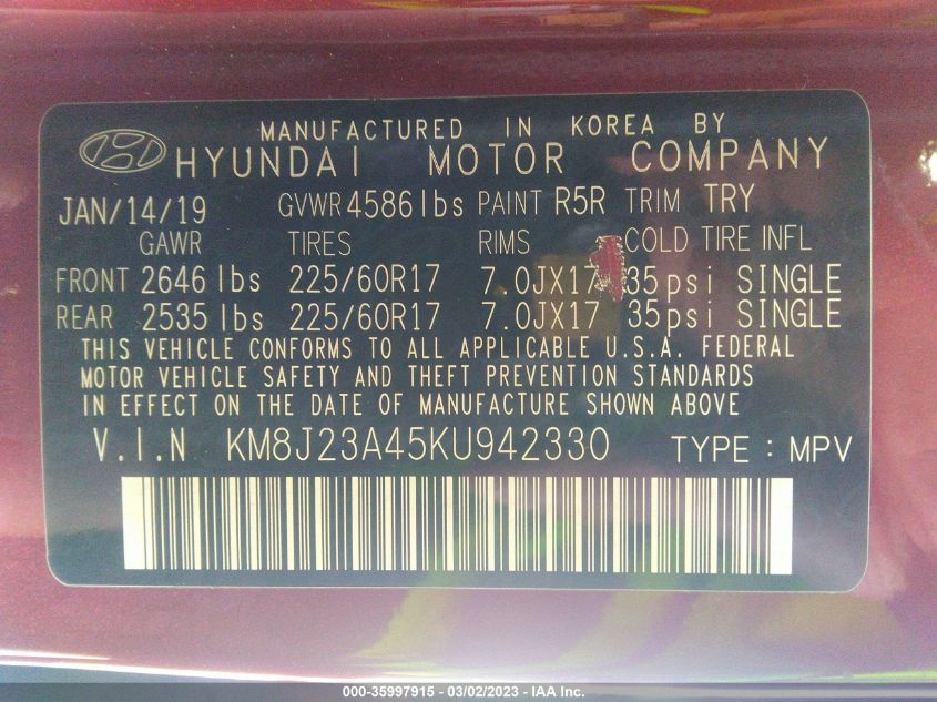 2019 HYUNDAI TUCSON SE - KM8J23A45KU942330