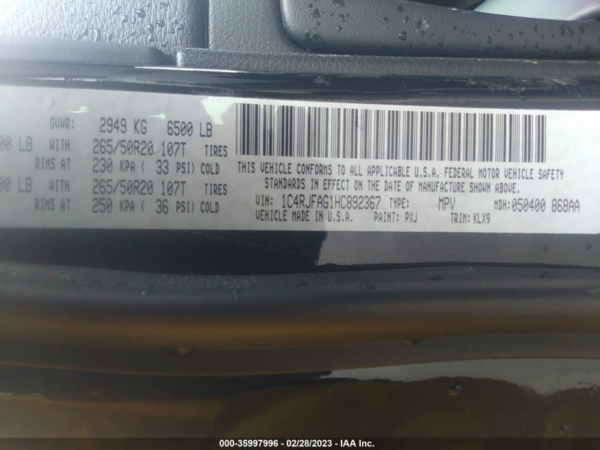 VIN 1C4RJFAG1HC892367 2017 JEEP GRAND CHEROKEE ALTITUDE
