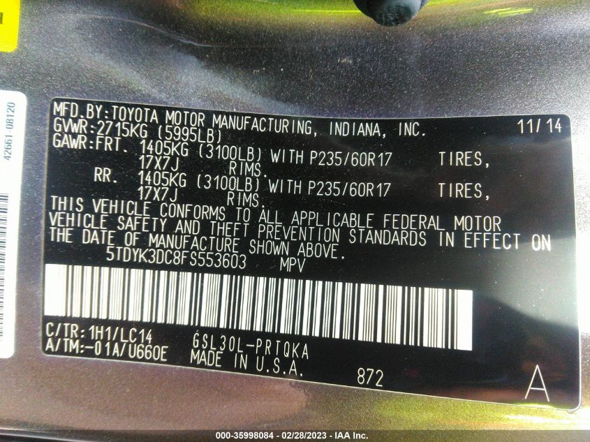 2015 TOYOTA SIENNA XLE/XLE AAS/LTD - 5TDYK3DC8FS553603