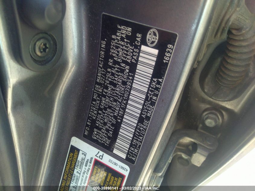 2017 TOYOTA CAMRY XLE/SE/LE/XSE - 4T1BF1FK1HU399541