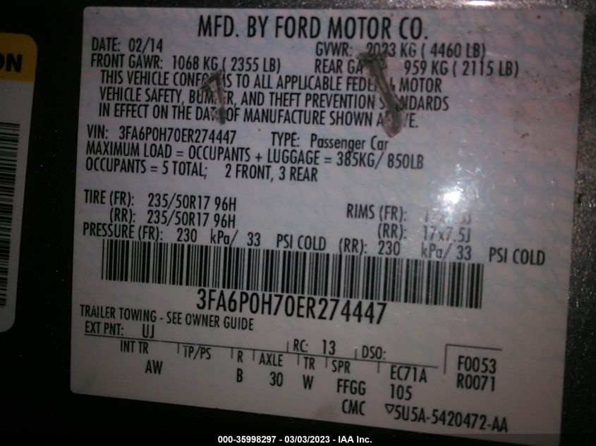 2014 FORD FUSION SE - 3FA6P0H70ER274447