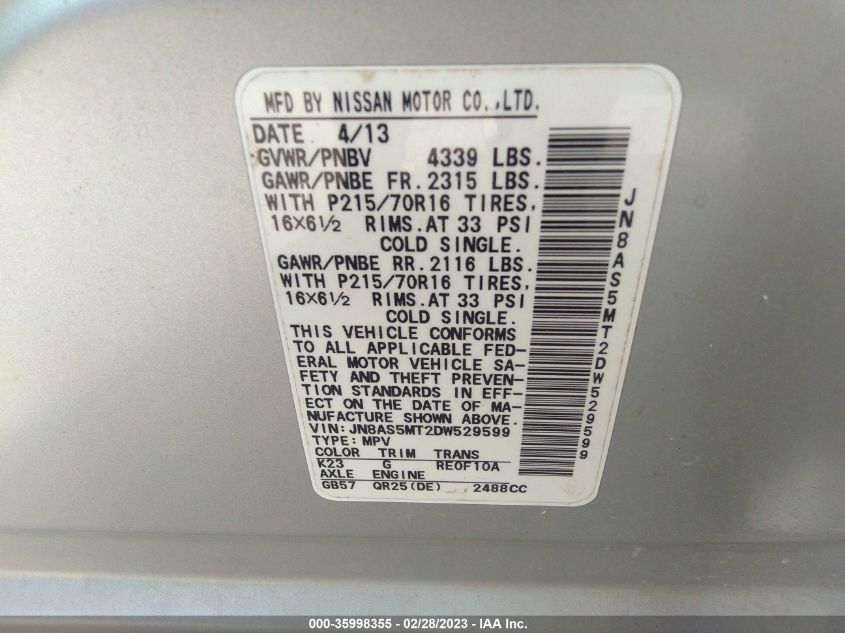2013 NISSAN ROGUE S - JN8AS5MT2DW529599