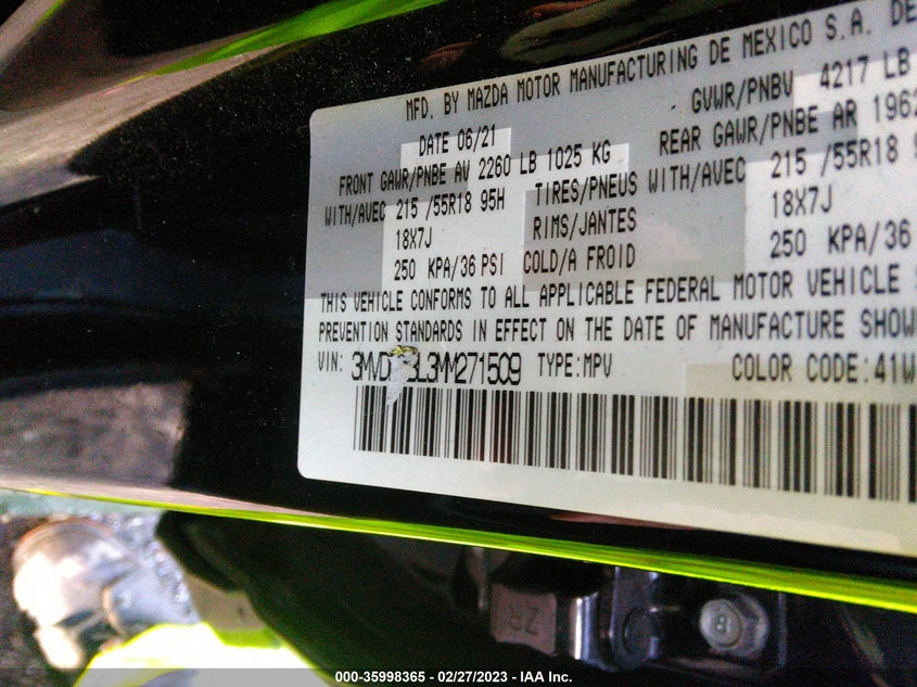 VIN 3MVDMABL3MM271509 2021 MAZDA CX-30 SELECT