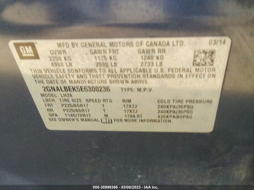 2014 CHEVROLET EQUINOX LT - 2GNALBEK5E6300236