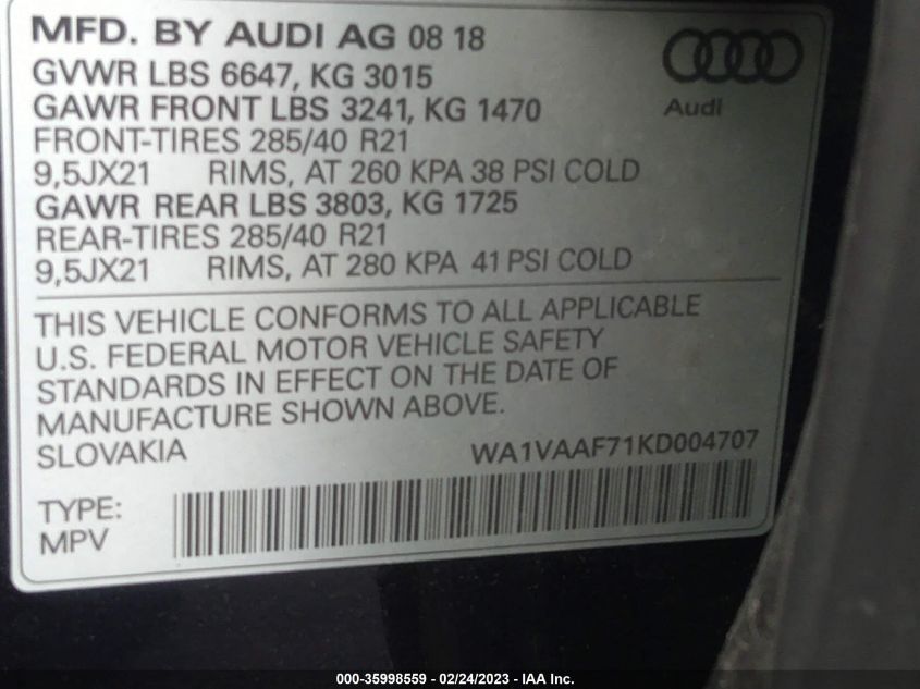 2019 AUDI Q7 PRESTIGE - WA1VAAF71KD004707