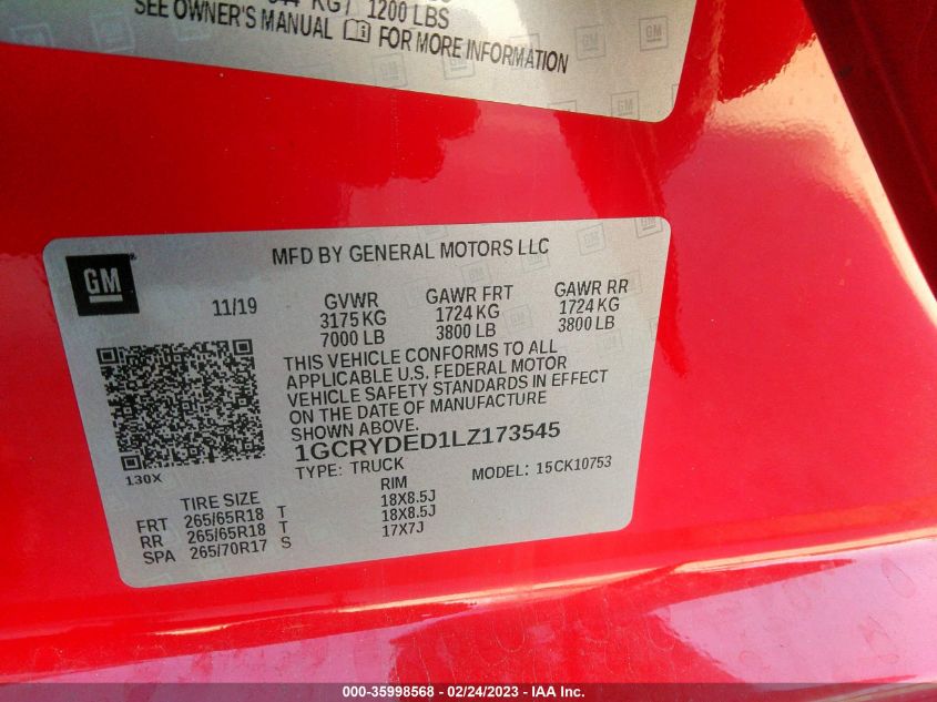 2020 CHEVROLET SILVERADO 1500 LT - 1GCRYDED1LZ173545