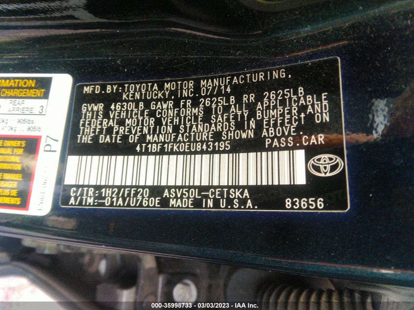 2014 TOYOTA CAMRY L/LE/XLE/SE/SE SPORT - 4T1BF1FK0EU843195