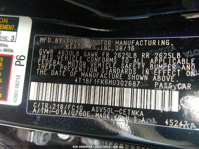 2017 TOYOTA CAMRY XLE/SE/LE/XSE - 4T1BF1FK6HU302687