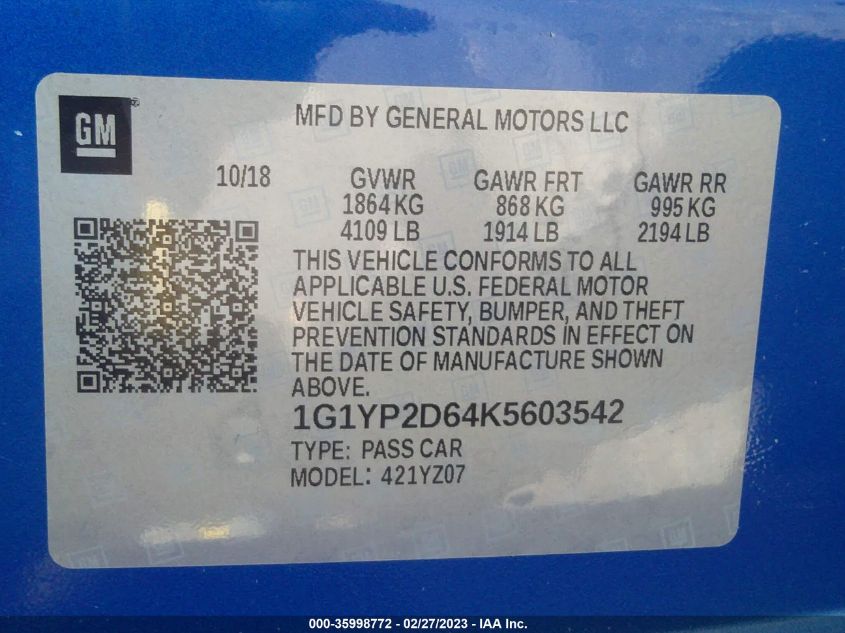 2019 CHEVROLET CORVETTE Z06 1LZ - 1G1YP2D64K5603542