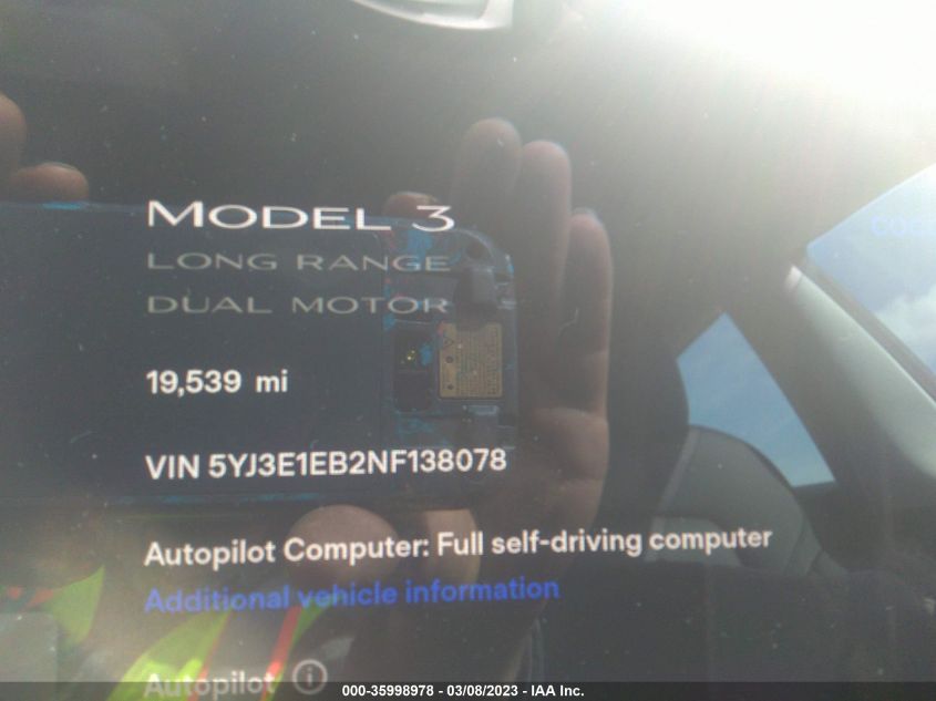 2022 TESLA MODEL 3 LONG RANGE - 5YJ3E1EB2NF138078