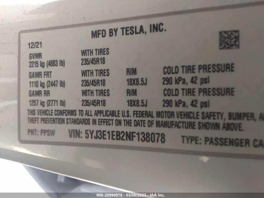 2022 TESLA MODEL 3 LONG RANGE - 5YJ3E1EB2NF138078