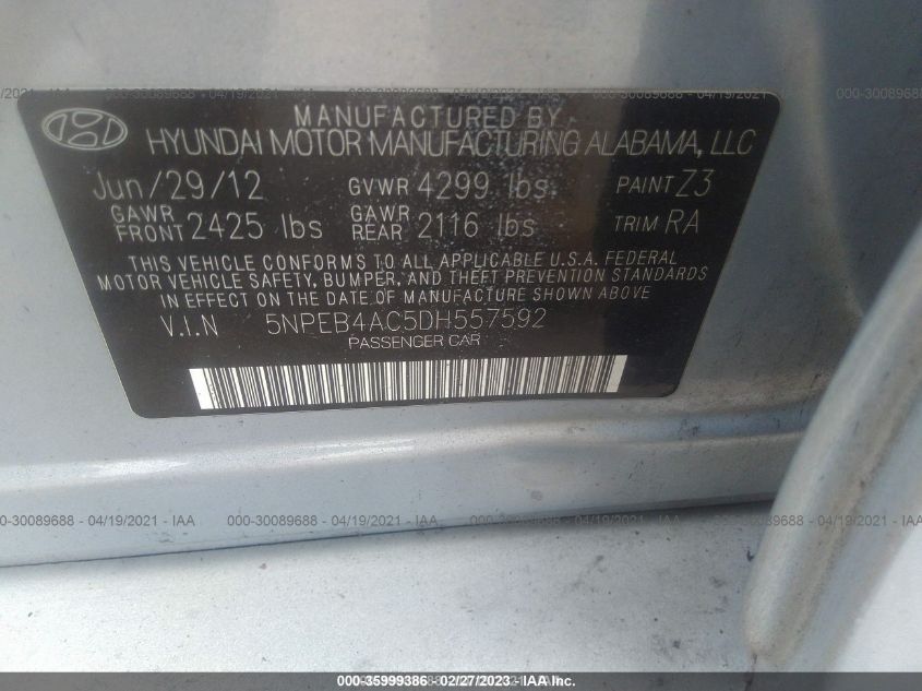 2013 HYUNDAI SONATA GLS PZEV - 5NPEB4AC5DH557592