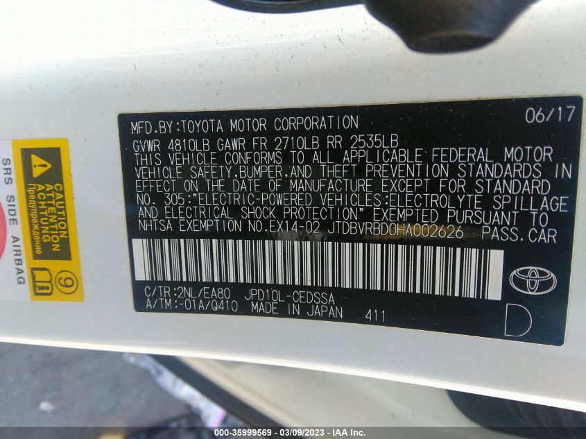 2017 TOYOTA MIRAI JTDBVRBD0HA002626