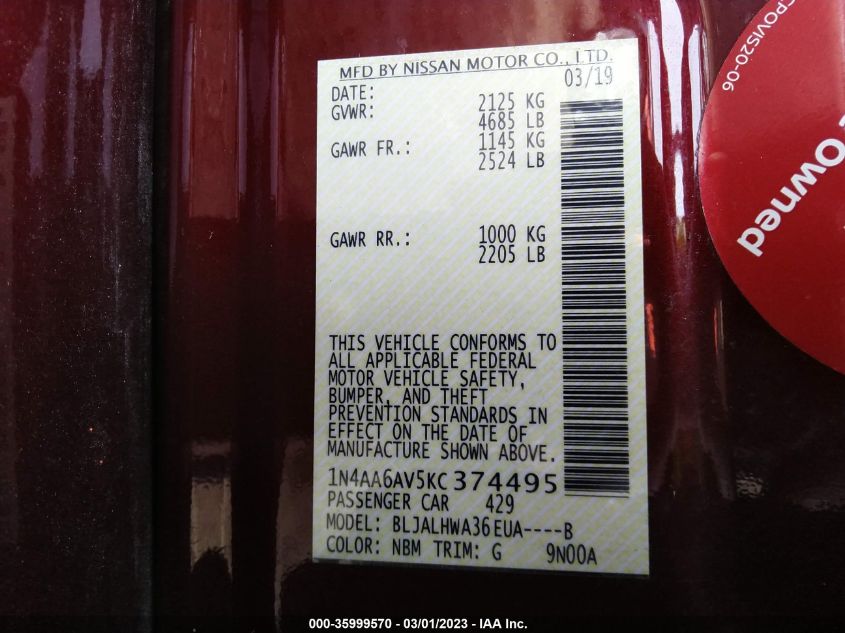 2019 NISSAN MAXIMA PLATINUM - 1N4AA6AV5KC374495
