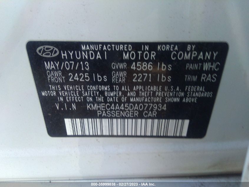 2013 HYUNDAI SONATA HYBRID - KMHEC4A45DA077934