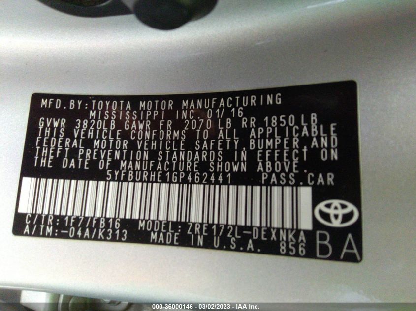 2016 TOYOTA COROLLA L/LE/S/S PLUS/LE PLUS - 5YFBURHE1GP462441