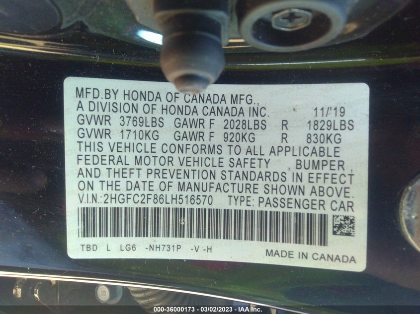 VIN 2HGFC2F86LH516570 2020 HONDA CIVIC SEDAN SPORT