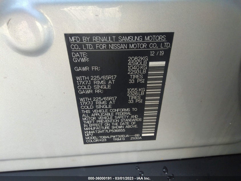 VIN KNMAT2MT7LP536855 2020 NISSAN ROGUE S