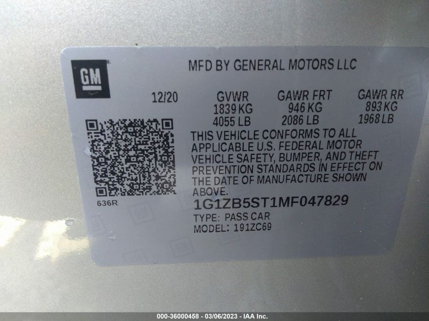 2021 CHEVROLET MALIBU LS - 1G1ZB5ST1MF047829