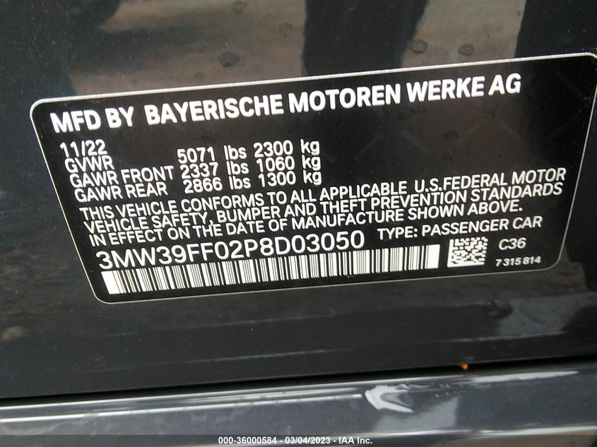 2023 BMW 3 SERIES VIN: 3MW39FF02P8D03050