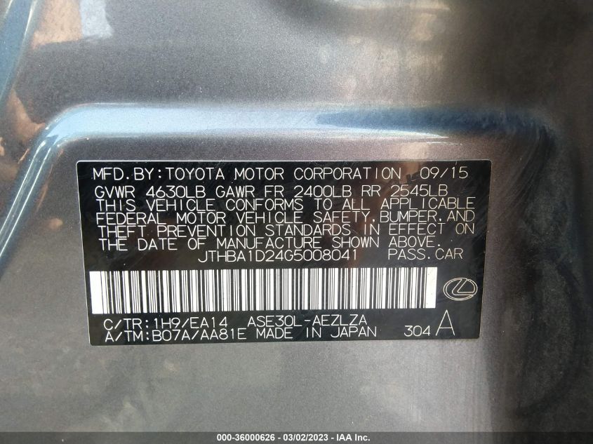 2016 LEXUS IS 200T - JTHBA1D24G5008041