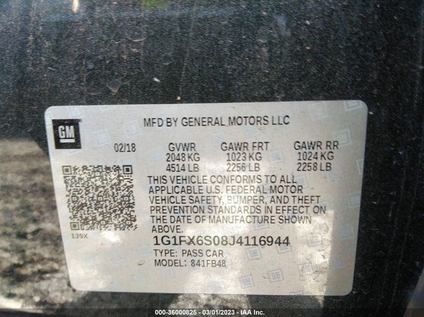 2018 CHEVROLET BOLT EV PREMIER 1G1FX6S08J4116944